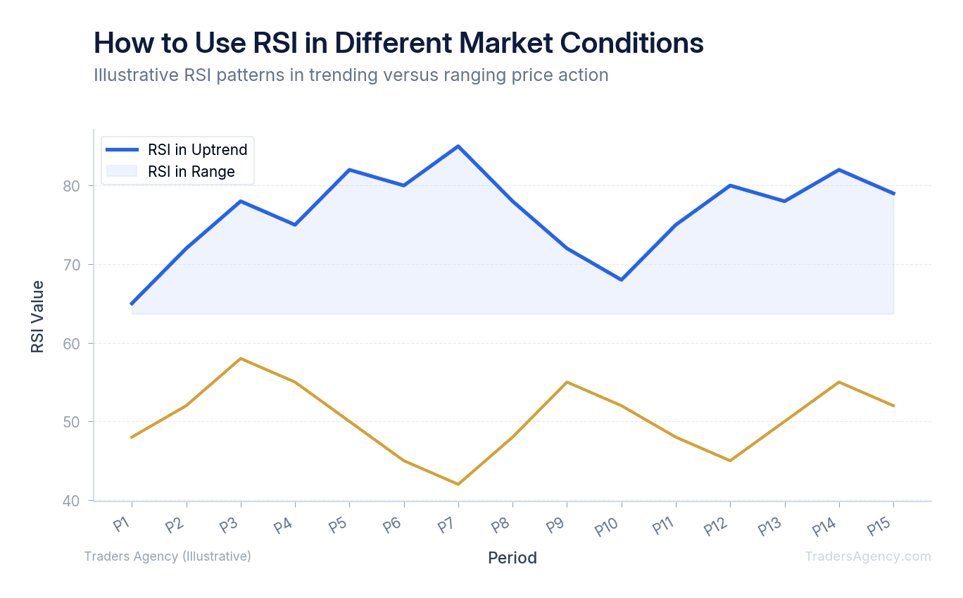 Multi-line chart showing RSI spending extended time above 70 in uptrend but oscillating between 40-60 in a range