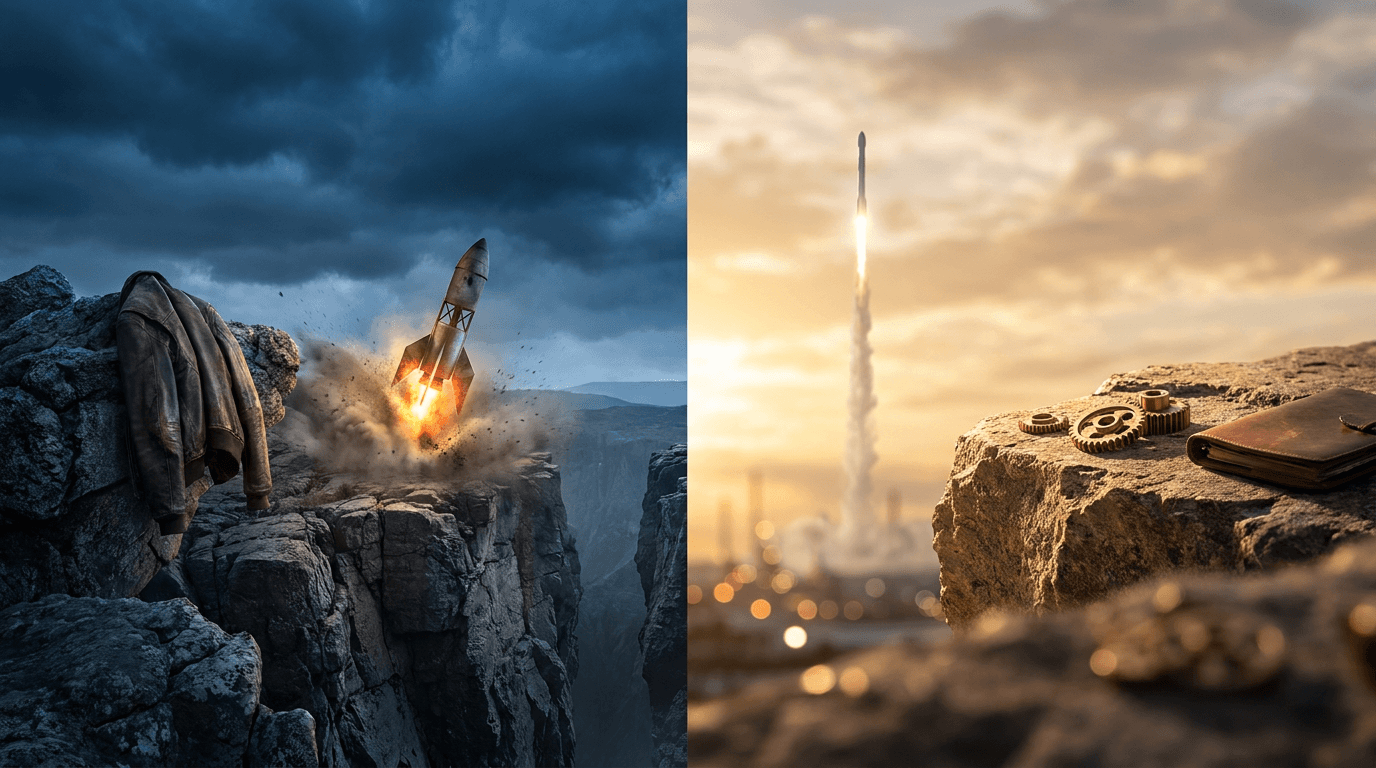 A split image concept showing a lone figure standing confidently on one side of a chasm, watching a rocket (subtly evoking Elon Musk's SpaceX aesthetic) launch prematurely and crash on the other side, while a second rocket successfully lifts off in the background. The scene is bathed in dramatic contrasting light — dark stormy skies on the early-entry side versus golden sunrise light on the patient, well-timed side. This visually captures the core tension between being too early versus being rig