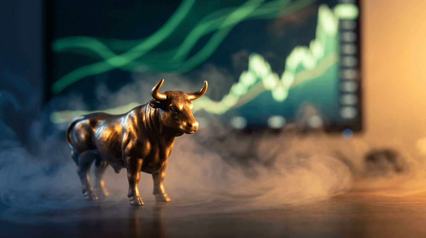 A powerful bull statue or figurine stands confidently in the foreground, illuminated against a backdrop of glowing green stock charts and upward-trending graph lines. The scene captures a sense of hidden strength, with the bull emerging from a misty or shadowy surface — symbolizing the "beneath the surface" market strength described in the article. Warm golden light bathes the composition, reinforcing the optimistic, opportunity-driven tone of the piece.