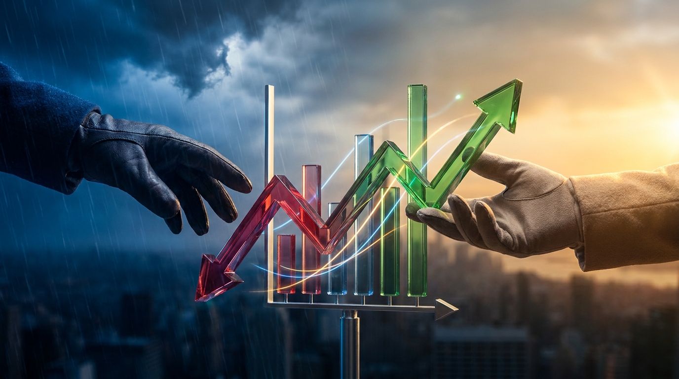 A split image showing two hands reaching toward each other across a glowing stock chart, one hand releasing a downward-trending red arrow while the other catches it as it transforms into an upward green arrow. The background features a dramatic chiaroscuro lighting effect — dark and stormy on the selling side, bright and clear on the buying side — symbolizing the contrast between fear and opportunity. The overall composition conveys the idea that every market panic has a hidden winner on the oth