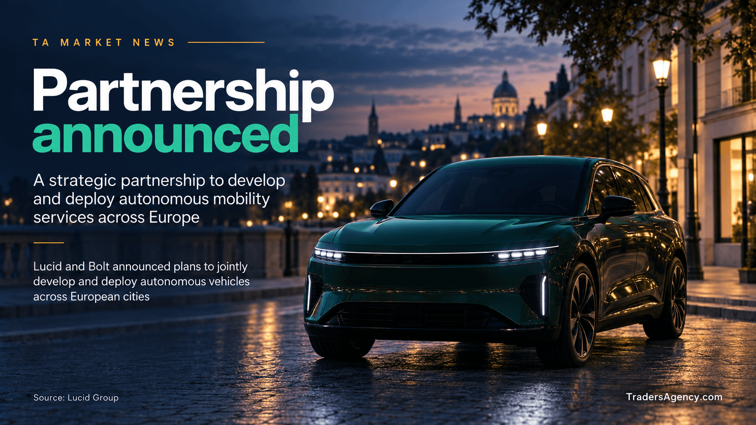 Unbranded electric SUV on a European street at dusk, symbolizing the newly announced Lucid-Bolt autonomous mobility partnership