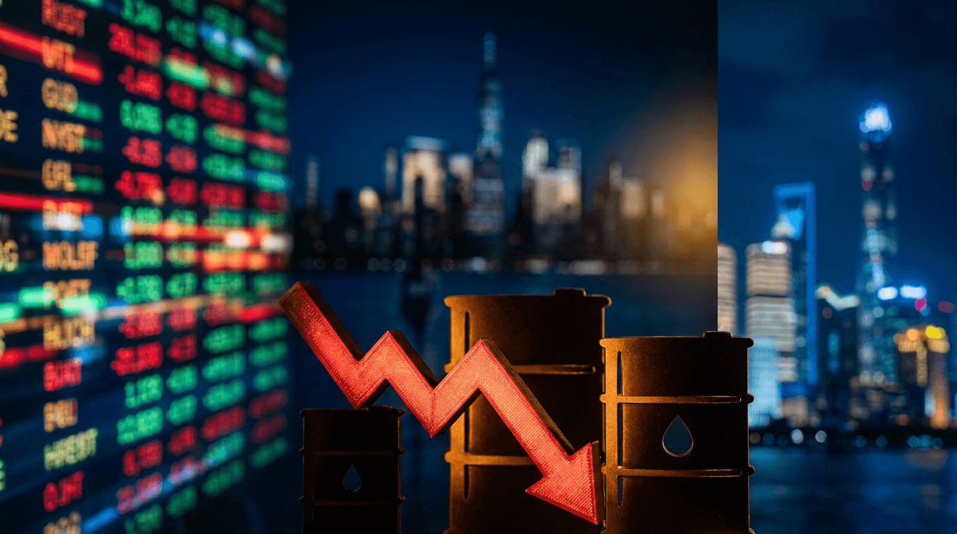 A dramatic split-screen composition showing a glowing stock market ticker display with red and green price movements, set against a dark, high-contrast background that conveys after-hours tension and urgency.