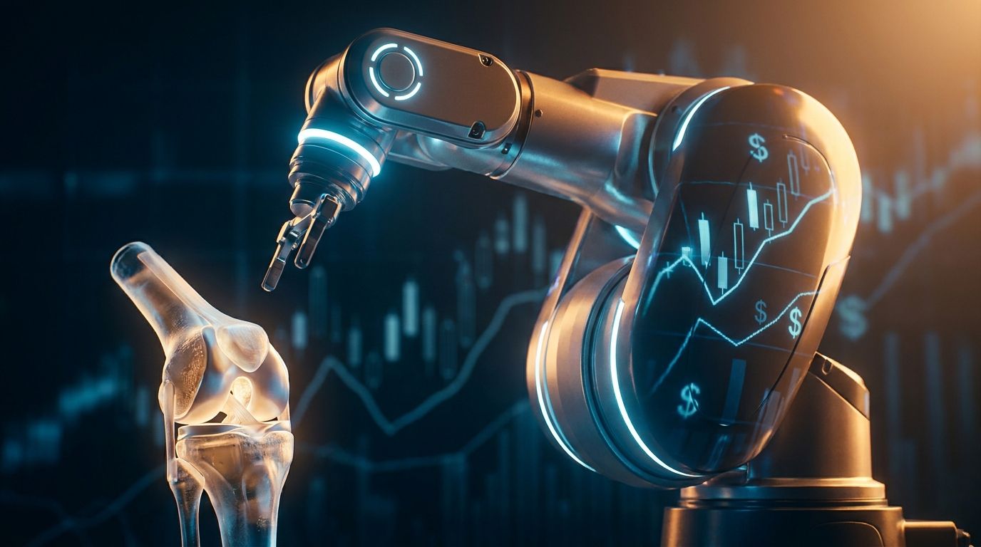A sleek robotic surgical arm with precision mechanical joints hovers over an illuminated human knee joint or skeletal model, rendered in cool blue and white tones against a dark background.