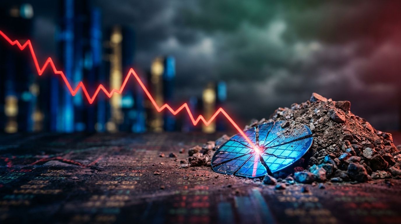 A dramatic downward-trending stock chart line in red dominates the frame, with a glowing Micron/semiconductor chip partially visible beneath it, symbolizing the tech sector under pressure.