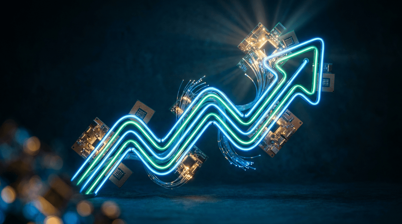 A dramatic upward-trending stock chart rendered in glowing neon blue and green against a dark background, with the number trajectory soaring toward a luminous peak that suggests a major milestone.