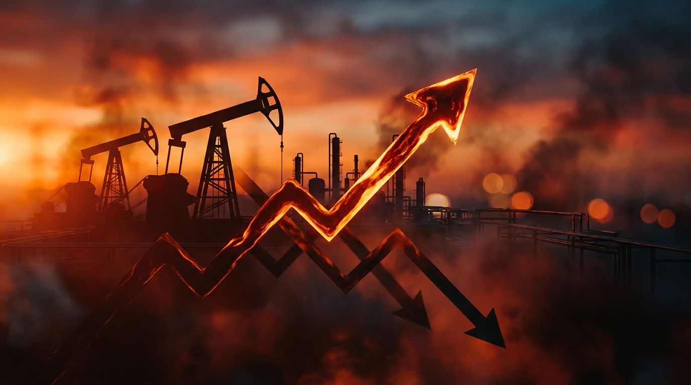A dramatic aerial view of oil derricks or refinery infrastructure silhouetted against a fiery, smoke-filled orange and red sky, evoking both energy production and Middle Eastern conflict.