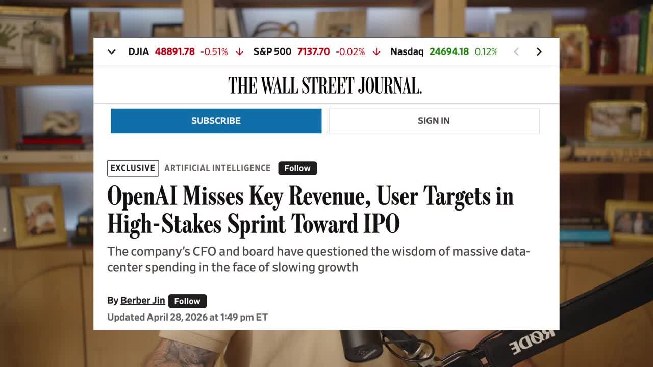Wall Street Journal exclusive article headline: 'OpenAI Misses Key Revenue, User Targets in High-Stakes Sprint Toward IPO' with subheadline noting CFO and board questioning massive data-center spending amid slowing growth