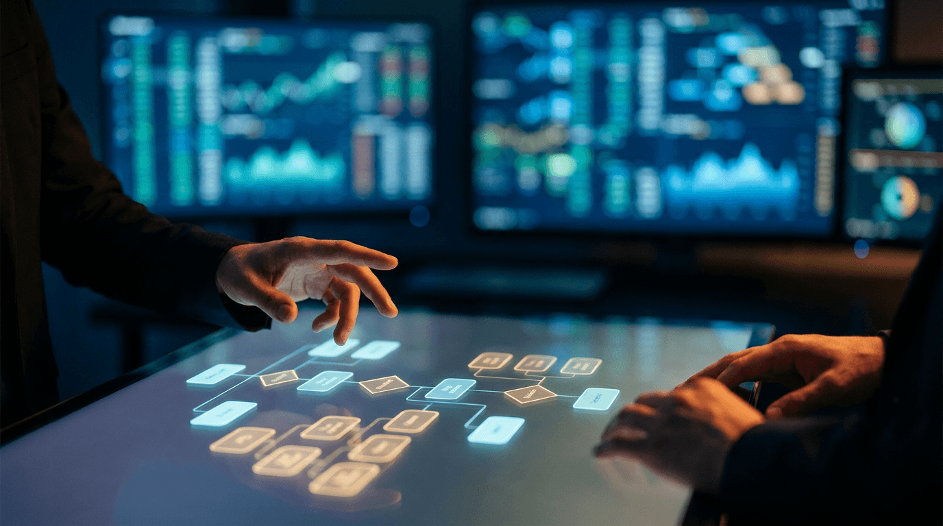 A split-screen composition showing a trader's hands hovering over a glowing touchscreen interface displaying colorful visual flowchart nodes and decision trees, representing the no-code bot builder.