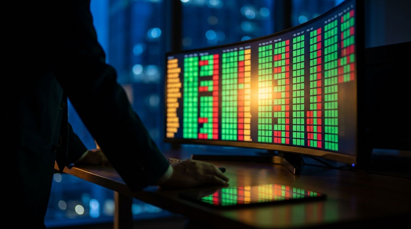 A close-up, dramatic view of a financial trading screen displaying a glowing options chain matrix, with green call columns on the left and red put columns on the right, casting colorful light in a dark environment.