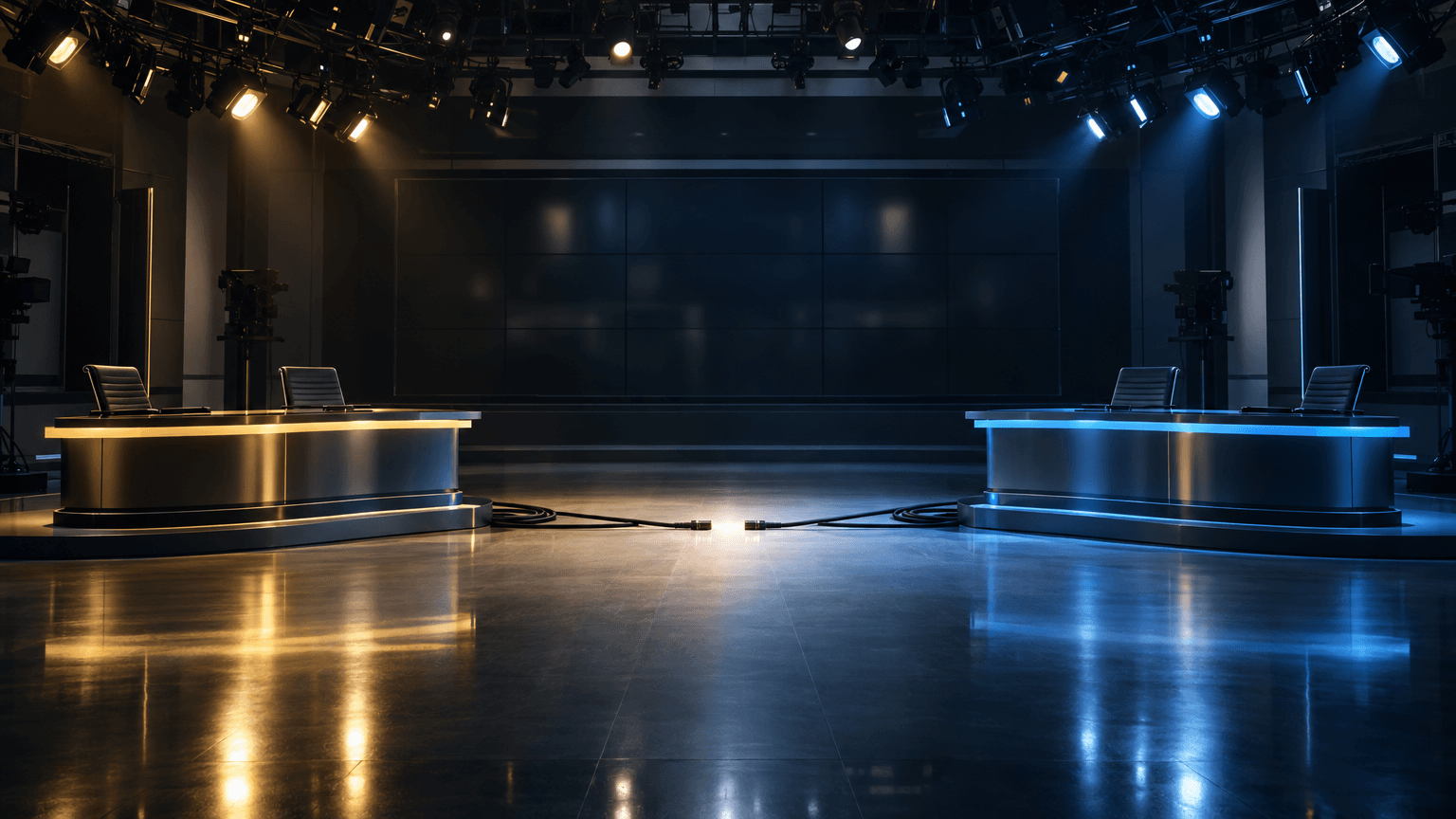 An empty television studio with two anchor desks facing each other under overlapping pools of light, cables reaching toward the center, symbolizing two media companies moving toward a merger.