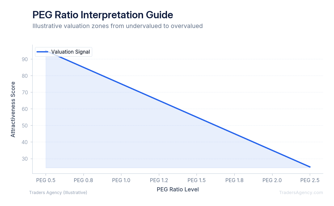Line chart showing stock valuation interpretation zones from undervalued (PEG < 1) through fairly valued to overvalued (PEG > 2)