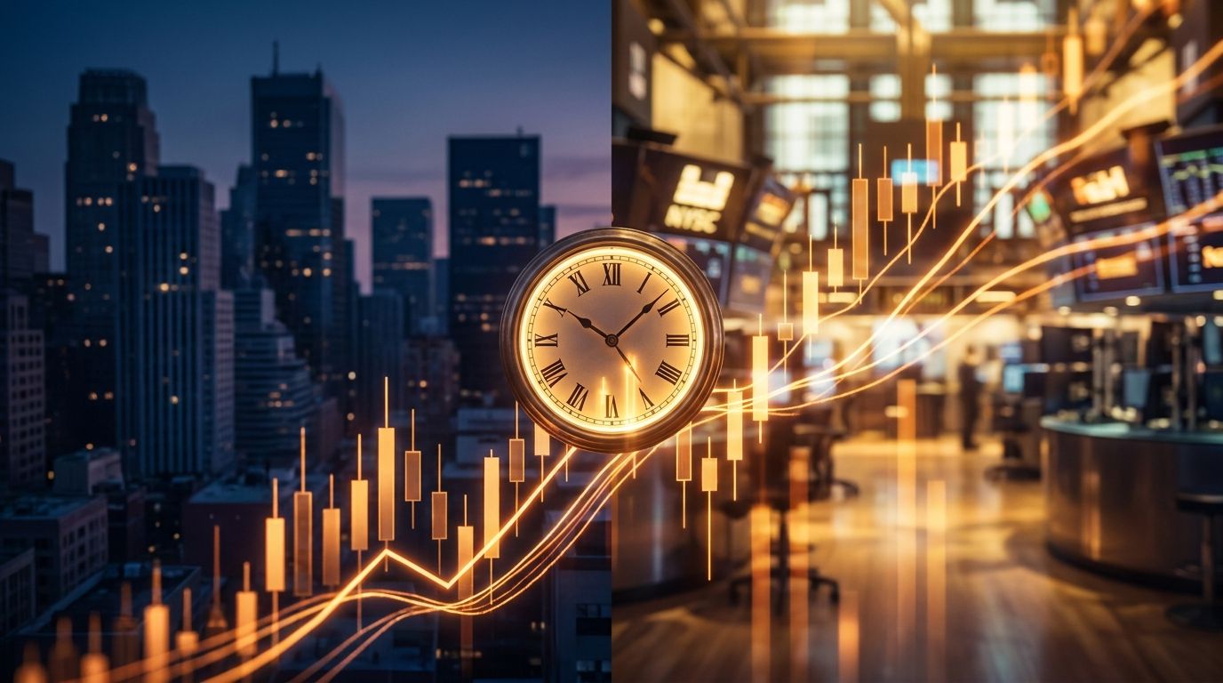 A split-scene composition showing a dark, quiet cityscape on the left transitioning into a bright, bustling stock exchange floor on the right, with glowing digital stock ticker displays and candlestick charts floating between the two enviro