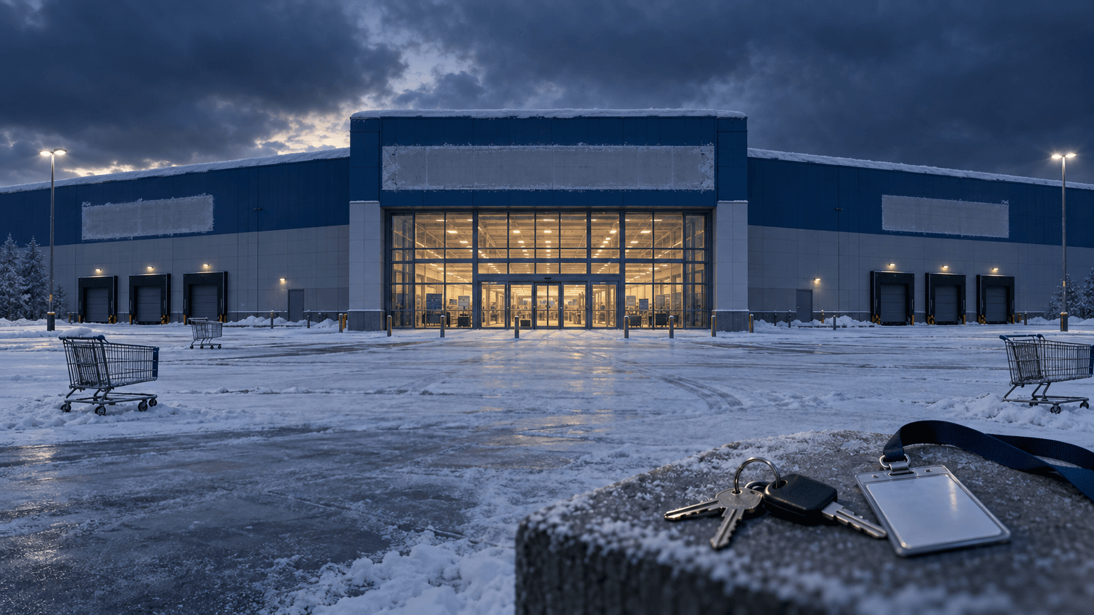 A snow-covered big-box retail store with unbranded facades and darkened sign outlines, a set of keys and a management badge left at the entrance, suggesting a formal handover of control.