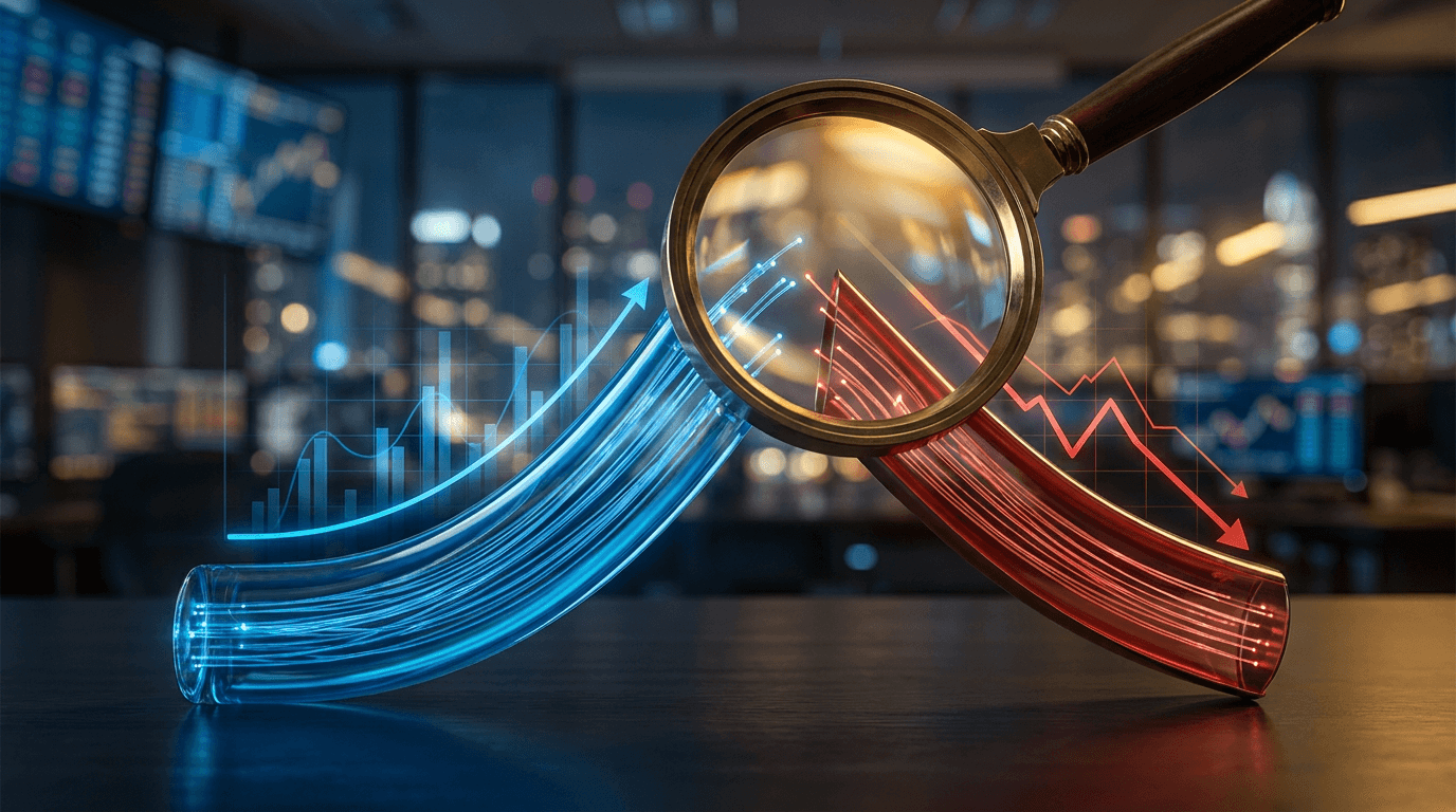 A split-screen visualization showing two contrasting financial graphs side by side — one displaying a steeply climbing revenue growth curve in bold blue, and the other showing a shrinking profit margin line in red, illustrating the tension
