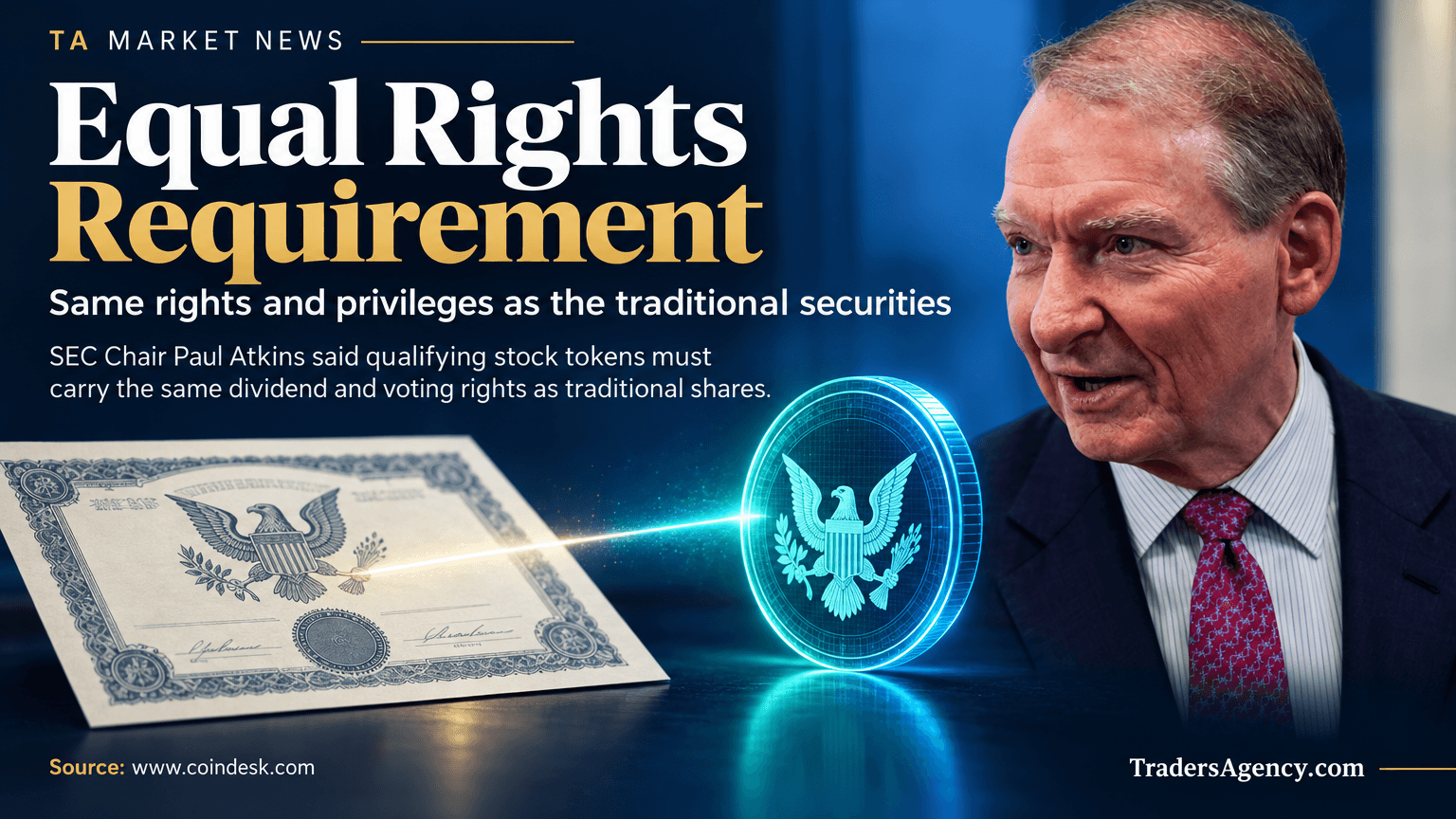 Symbolic image of a paper stock certificate linked to a digital token, representing equivalent shareholder rights.