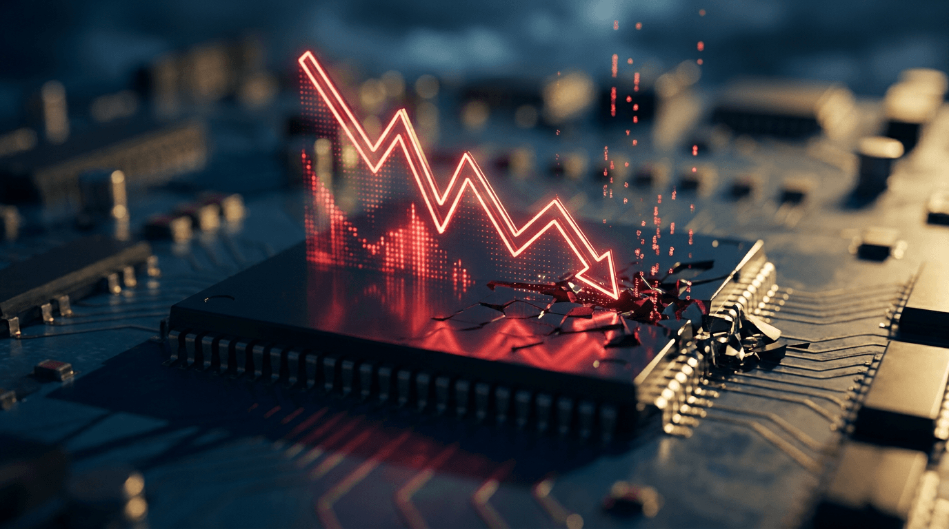 A dramatic downward-trending stock chart rendered in glowing red fills the frame, with a stylized semiconductor microchip at its center appearing to crack or shatter under pressure.