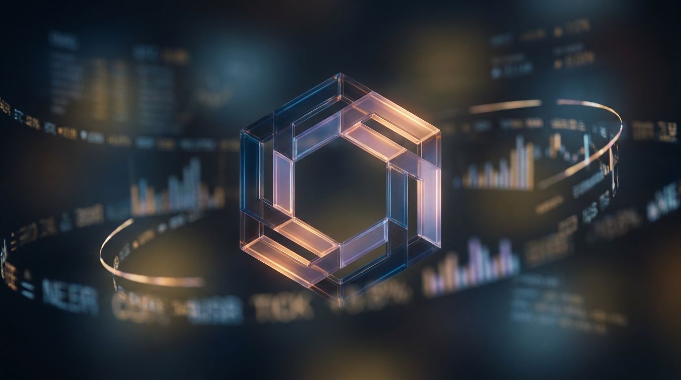 A glowing hexagonal snowflake chart floats against a dark financial dashboard background, with colorful geometric segments radiating outward to represent different stock metrics like growth, value, and health.