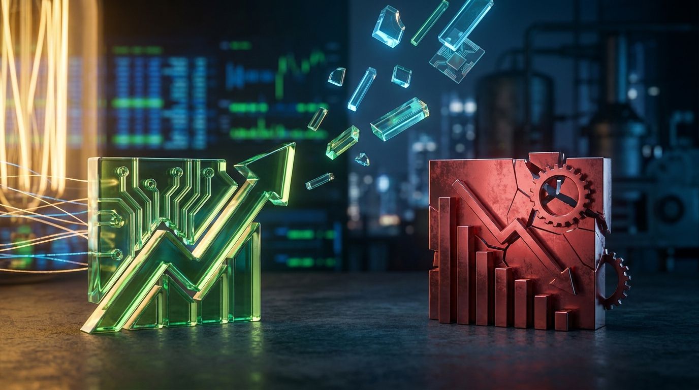 A split-screen financial scene showing a glowing green upward arrow or rising stock chart on one side representing surging software stocks, contrasted against a red declining market chart on the other side, symbolizing the market divergence
