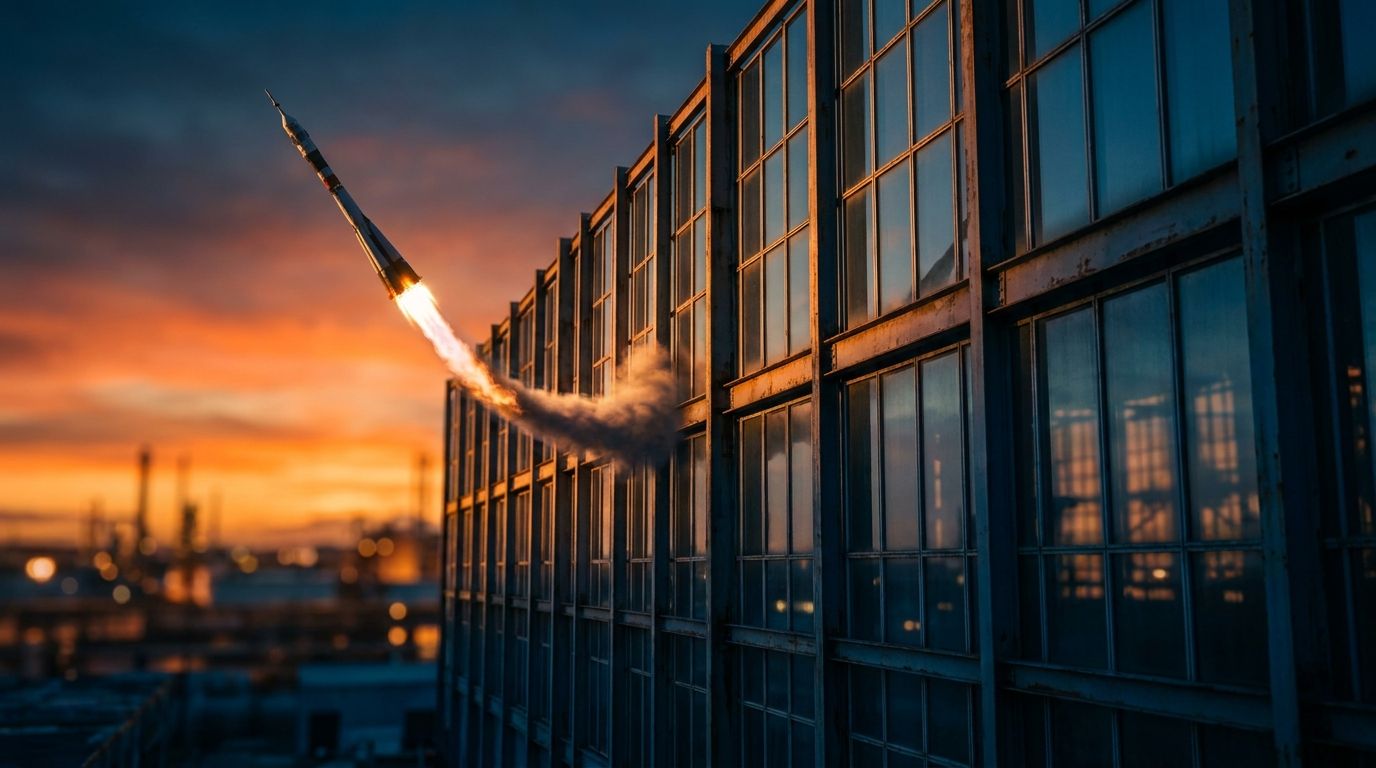 A SpaceX rocket mid-launch, dramatically silhouetted against a fiery sky, faces a towering wall of glass or steel that blocks its path — symbolizing the barrier of index exclusion.
