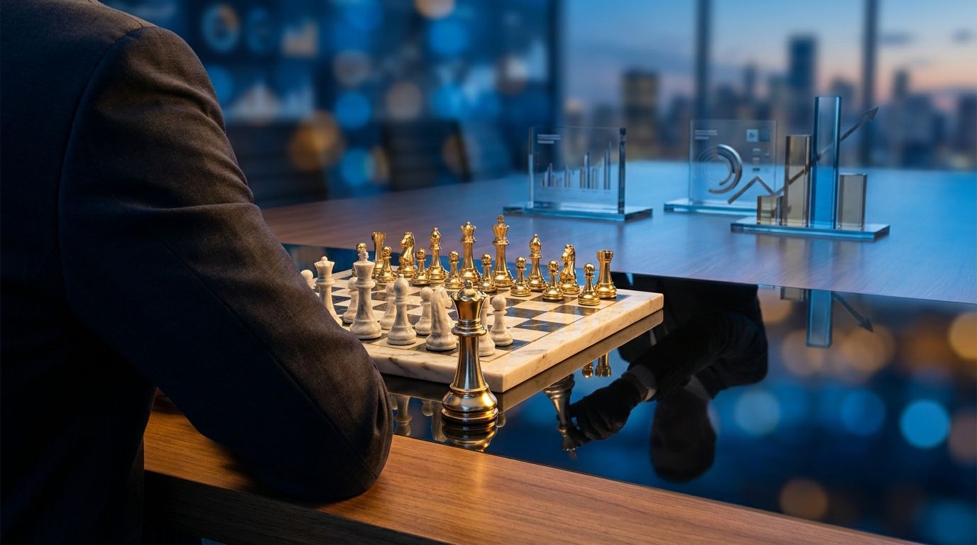 A sharp-dressed chess player studies the board from behind, while a shadowy reflection in a glossy surface reveals they are mirroring the moves of a powerful opponent across the table. The scene is lit dramatically with cool blue and gold tones, emphasizing strategy, observation, and calculated positioning. The composition captures the essence of leveraging someone else's strength rather than competing directly against it.