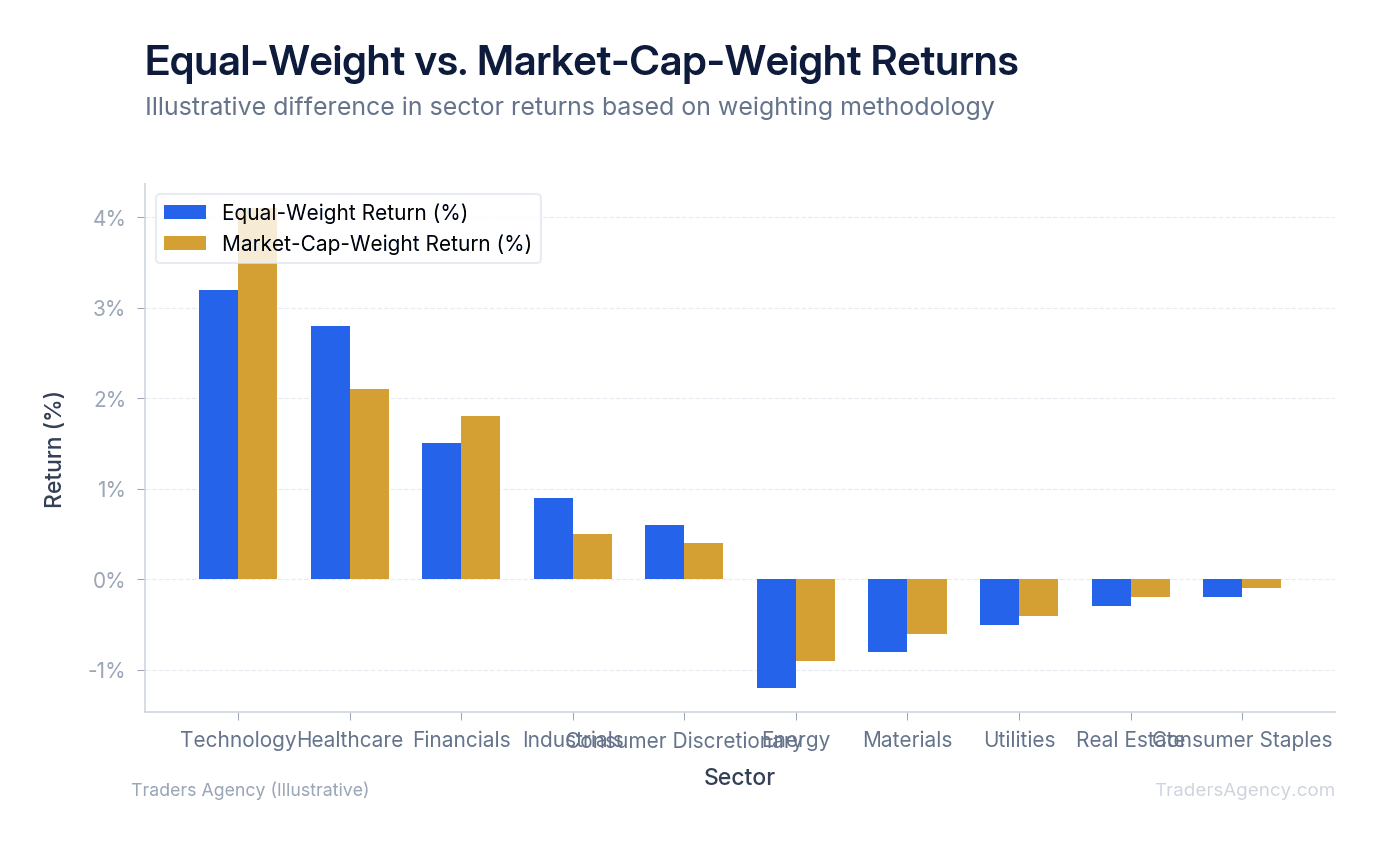 Bar chart comparing equal-weight vs. market-cap-weight sector returns, showing how large-cap dominance skews the heat map market view