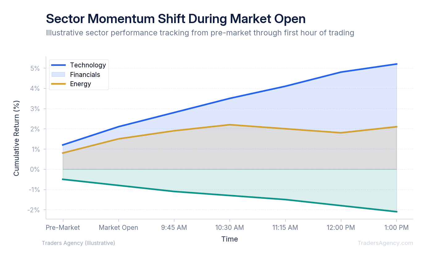 Area chart showing sector performance evolution from pre-market through market open, illustrating how a stock market heat map live tool reveals shifting momentum