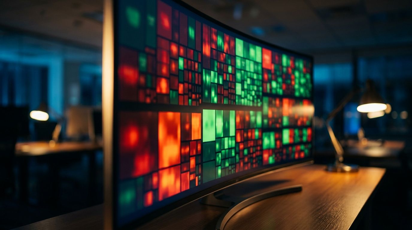 A large digital screen or monitor displays a glowing grid of color-coded blocks in vivid shades of red and green, arranged in clusters representing different market sectors, with larger blocks dominating the foreground and smaller ones rece