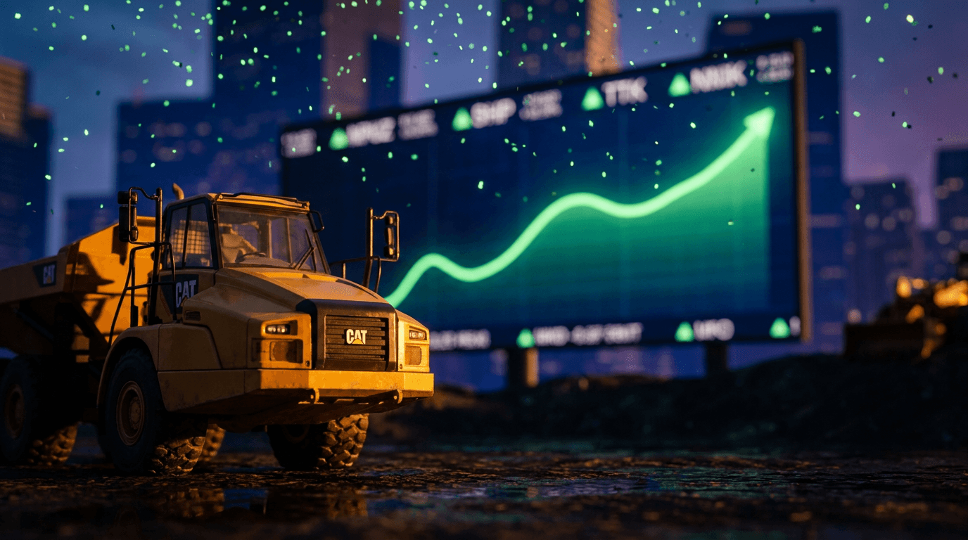A dramatic upward-sweeping stock market chart rendered in bold green fills the frame, with a glowing Dow Jones ticker display showing a massive surge against a dark financial backdrop.
