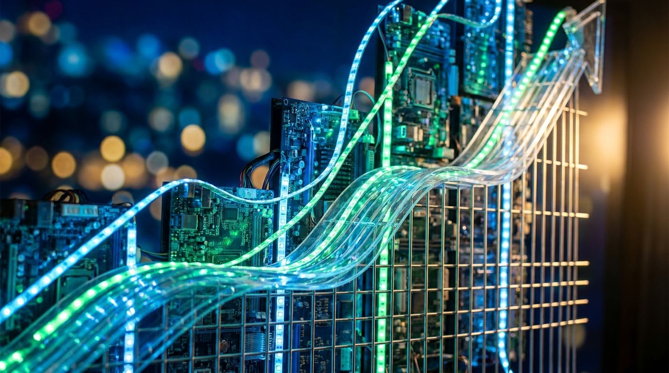 A dynamic upward-trending stock chart rendered in vivid green fills the frame, with glowing Nasdaq and tech sector data lines surging sharply higher against a dark financial dashboard background.