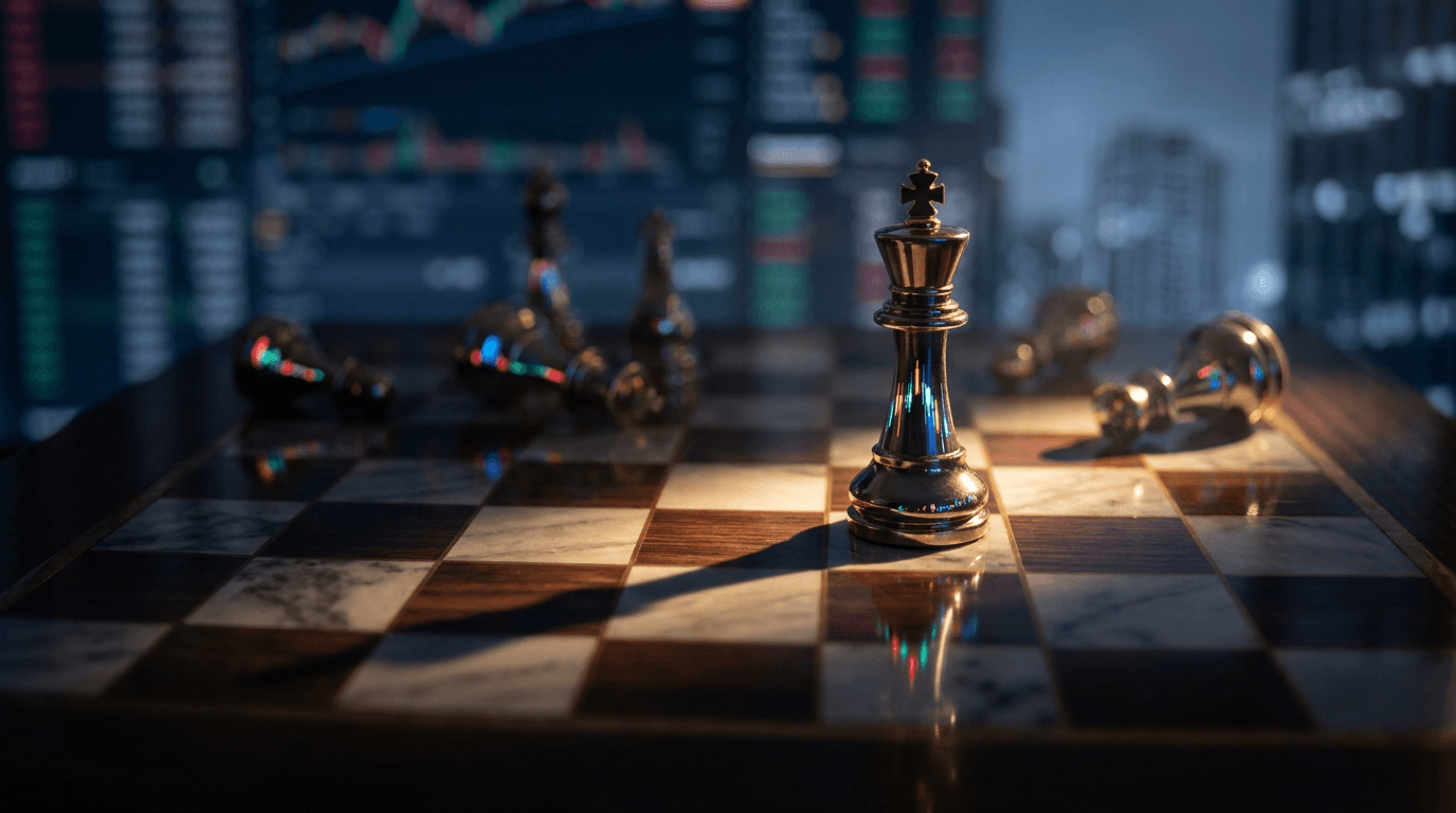 A chess board viewed from above, with stock market candlestick charts reflected in the glossy surface of the pieces, symbolizing the strategic game of information in financial markets. One chess piece — a king — stands illuminated under a dramatic spotlight, casting long shadows across the board, representing the power of superior knowledge. The background subtly blends into a dark, moody financial trading floor aesthetic, reinforcing the high-stakes nature of market intelligence.