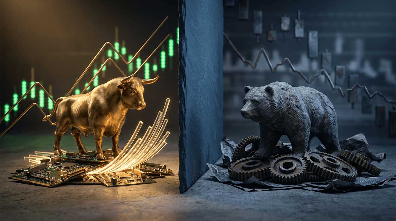 A split-screen or yin-yang style composition showing a bull and bear facing each other, symbolizing two opposing market forces coexisting in tension. One side glows with vibrant green upward-trending stock charts, while the other shows cooler, more muted tones with choppy or flattening lines. The contrast creates a dynamic visual balance that immediately conveys the idea of holding two competing market perspectives simultaneously.