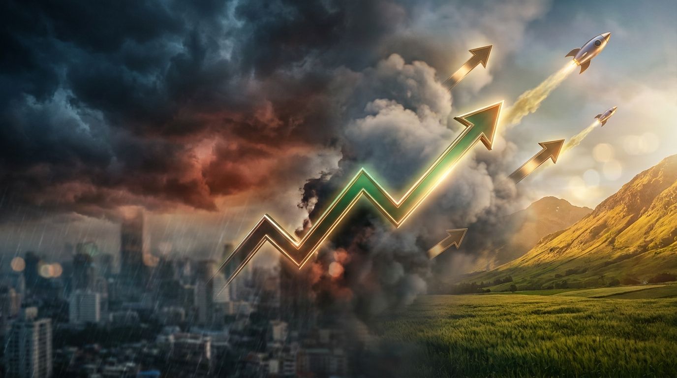 A dramatic split-screen composition showing a stormy, turbulent sky on one side representing fearful investors, contrasted against a bright, upward-trending landscape on the other side where individual rockets or arrows break through the clouds. In the center of the divide, a stock chart line boldly climbs upward against the chaos, symbolizing strong individual stocks defying the broader market sentiment. The color palette transitions from dark, ominous grays and reds on the pessimistic side to 
