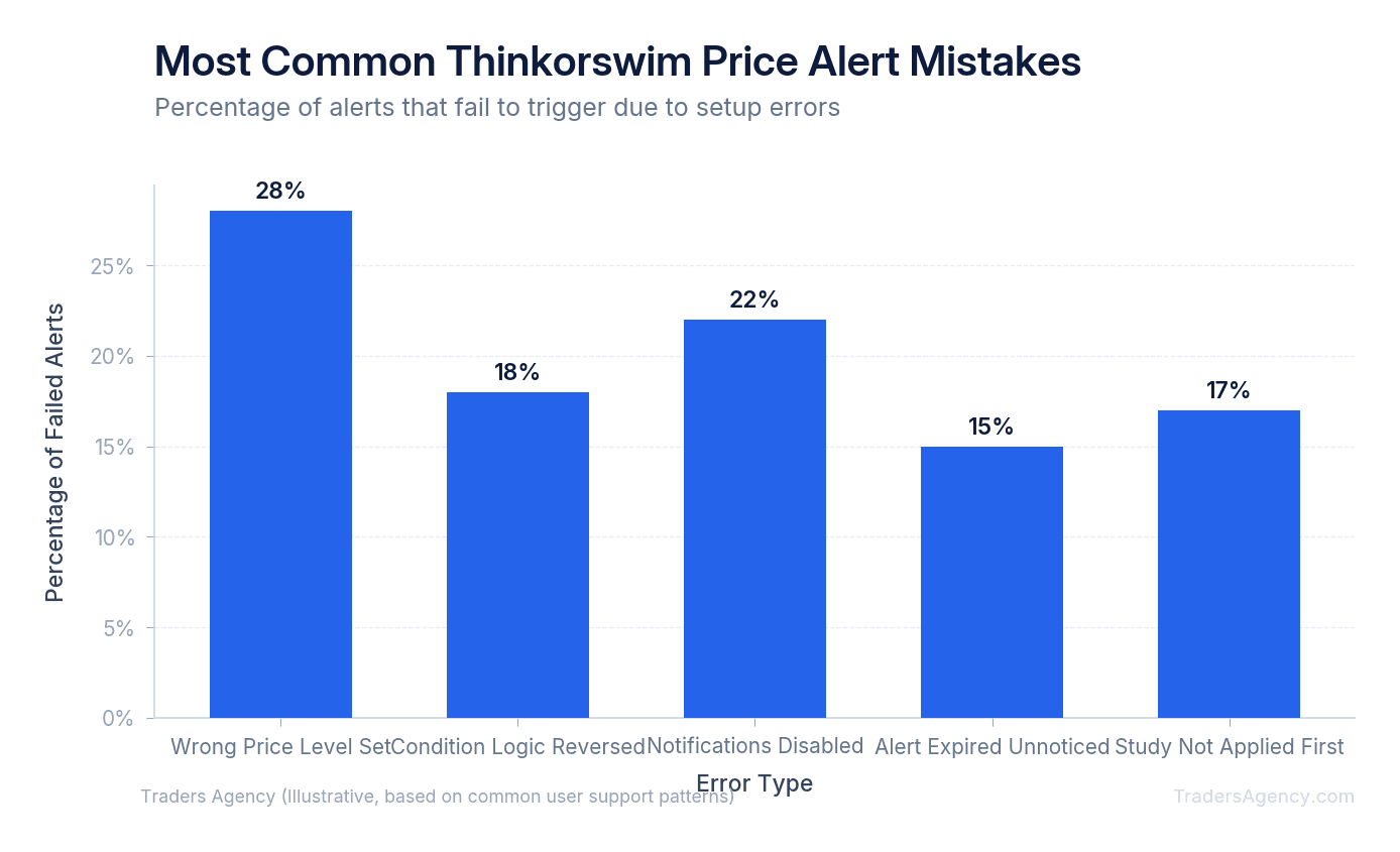 Bar chart showing frequency of alert setup errors including incorrect price levels, missing conditions, and disabled notifications