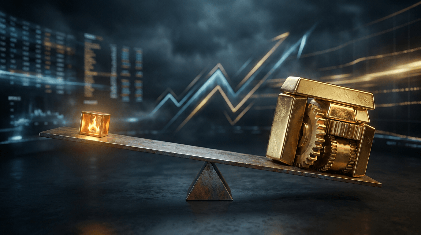 A dramatic split-scale balance or seesaw, where one side holds a tiny, glowing ember of risk while the other side is weighted down with an enormous, golden reward — visually emphasizing extreme asymmetry. The background should feel tense and dynamic, like a dark storm-lit trading floor or financial chart environment, with sharp upward rocket-like momentum lines cutting through the scene. The overall mood should convey high-stakes opportunity, precision, and the thrill of spotting an uneven advan