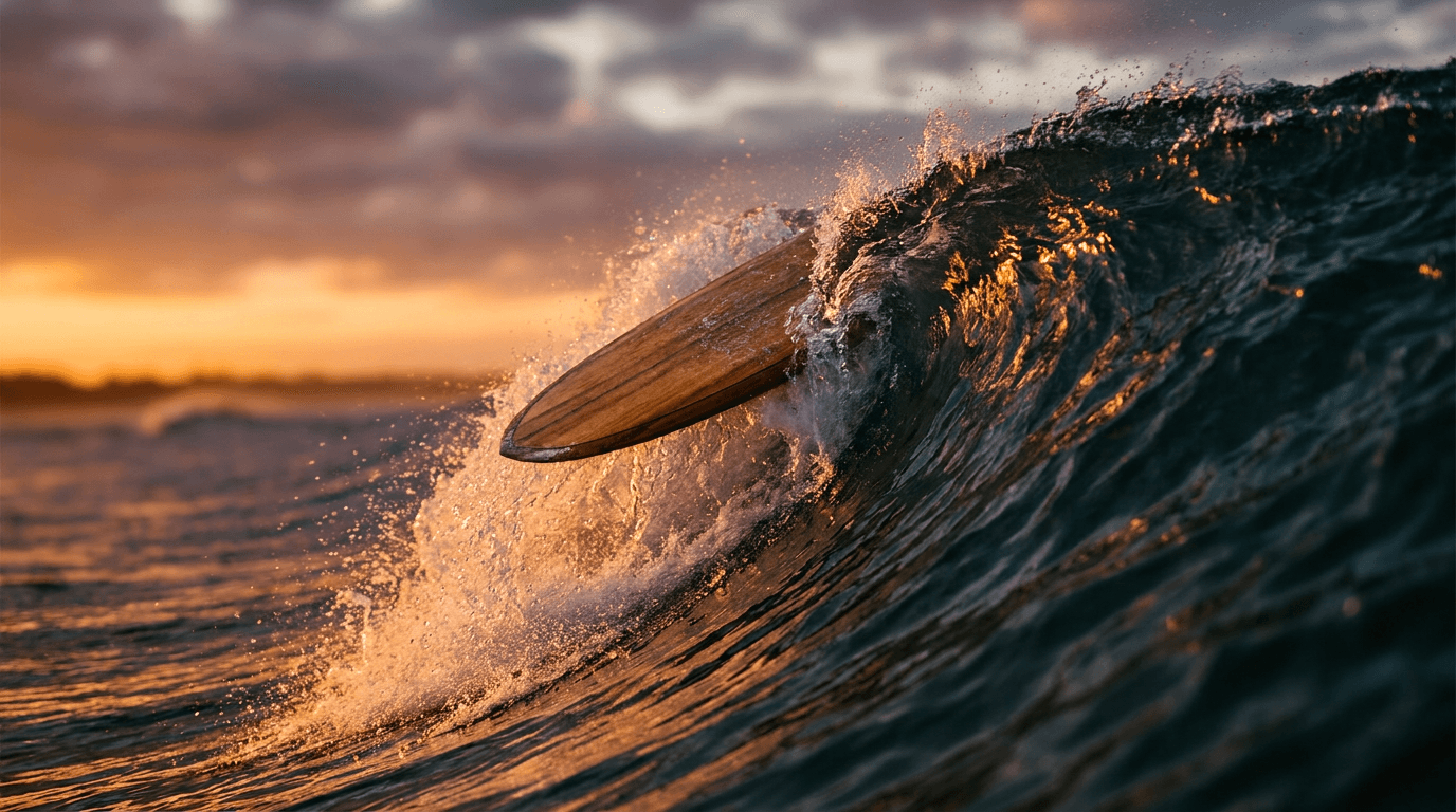 A surfer riding a powerful, cresting ocean wave at golden hour, fully committed to the moment with perfect form. The wave is large and dynamic, suggesting both opportunity and risk, while the surfer's focused posture conveys confidence without hesitation. The warm, dramatic lighting creates an eye-catching contrast between the deep blue-green water and the glowing sky, visually capturing the idea of riding momentum before the full picture becomes clear.