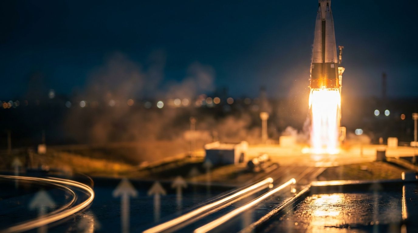 A dramatic nighttime launch scene showing a massive rocket igniting on the pad, with brilliant orange and white exhaust flames illuminating the dark sky, casting a powerful glow across the landscape.