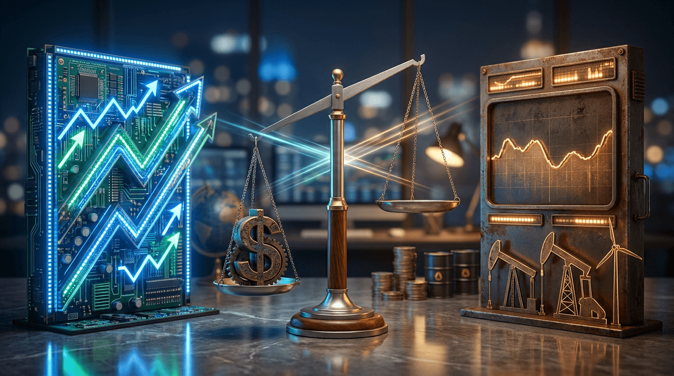 A split-screen visualization shows contrasting stock ticker displays or market boards side by side — one glowing with high-energy blue and green tones representing a soaring tech sector, the other rendered in muted earth tones showing a gro