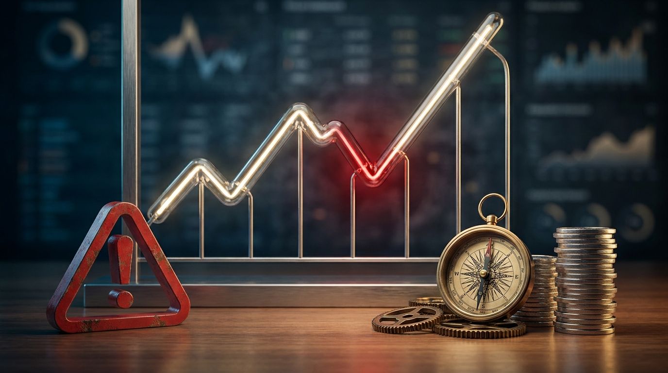 A stock chart showing a sharp upward trend that briefly dips downward before continuing higher, with the pullback zone highlighted in a contrasting color against a dark financial dashboard background. In the foreground, a split visual concept shows a fearful face or red warning symbol on one side versus a calm, rational investor on the other, symbolizing the emotional versus logical response to a price dip. The overall mood should feel tense yet controlled, capturing the psychological tension be