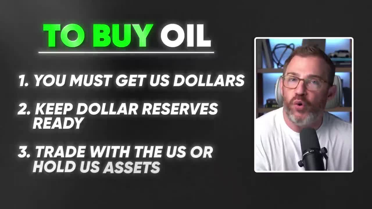Text list titled 'TO BUY OIL' outlining three requirements: 1. You must get US dollars, 2. Keep dollar reserves ready, 3. Trade with the US or hold US assets.