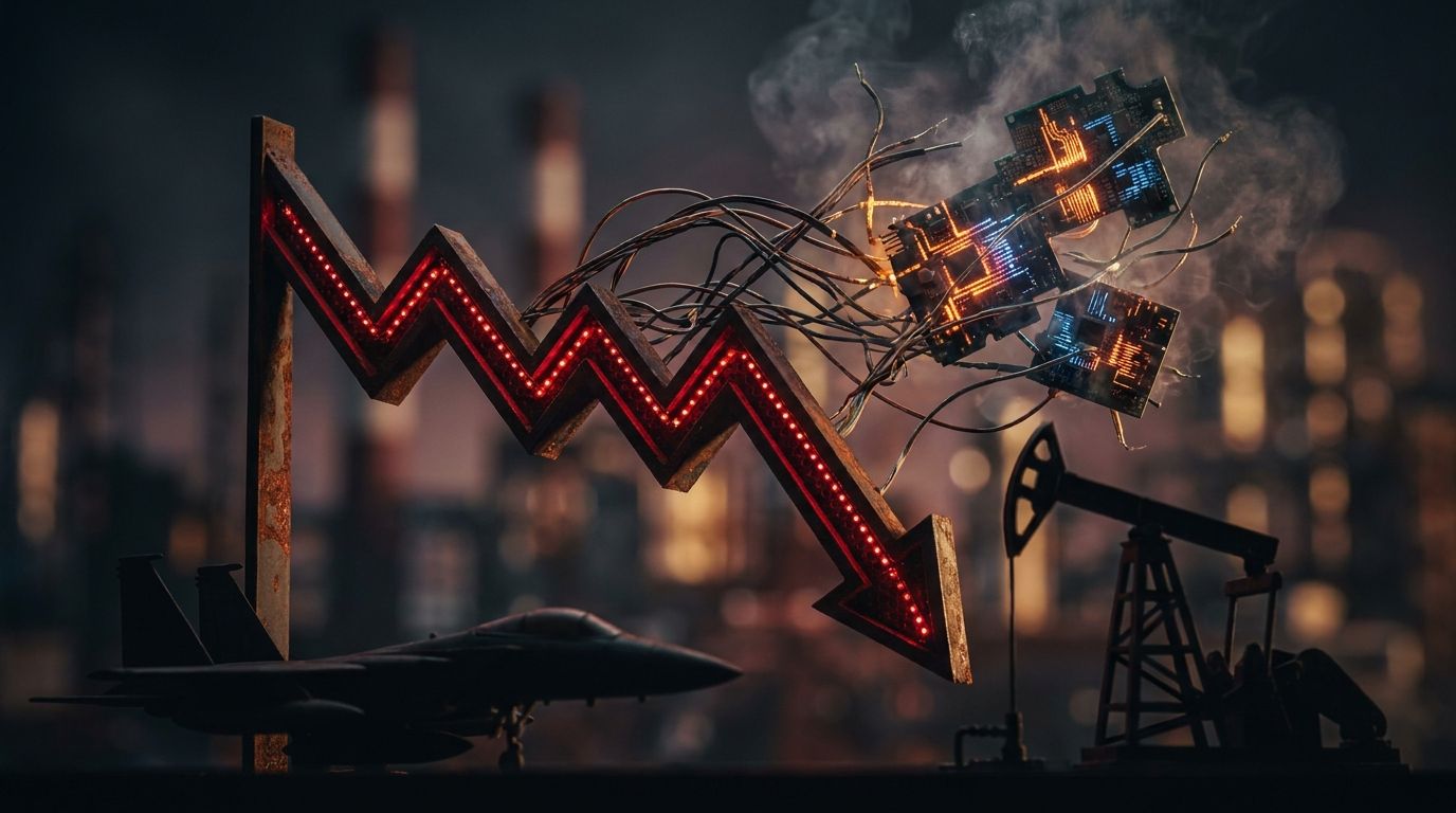 A dramatic downward-trending stock chart rendered in deep red fills the frame, with glowing circuit board patterns and AI chip imagery dissolving and fragmenting in the background, visually representing the tech sector collapse.